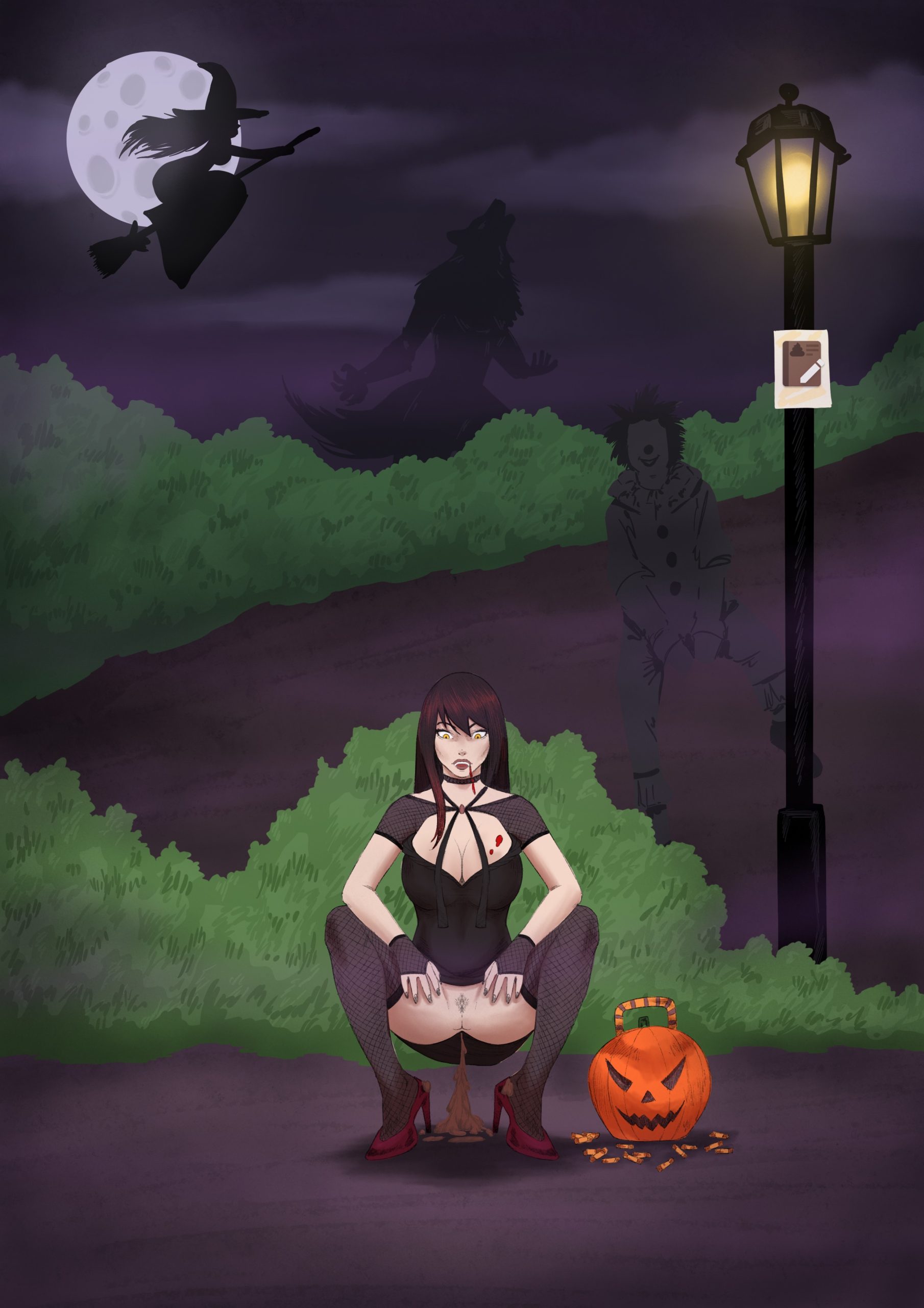A girl dressed as gothic vampire sits next to her bag full of sweets in the bushes and takes a huge diarrhea shit.